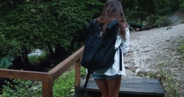 Une touriste heureuse avec un sac à dos noir ouvre une carte sur un téléphone portable et se déplace sur le chemin. Randonnée pédestre — Video