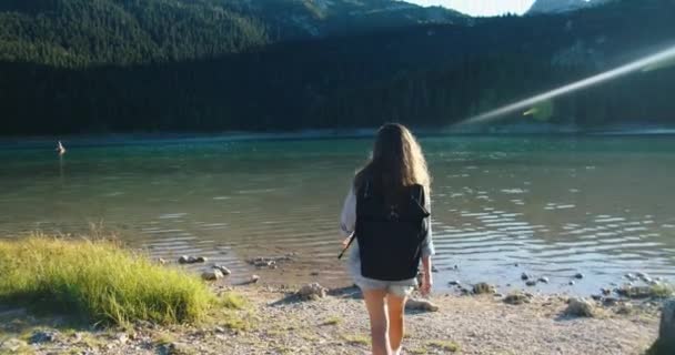 검은 가방을 든 행복 한 갈색 머리 여인은 산 호숫가로 가서 손을 들고 산과 숲의 아름다운 경치를 즐긴다. 뒷모습 — 비디오