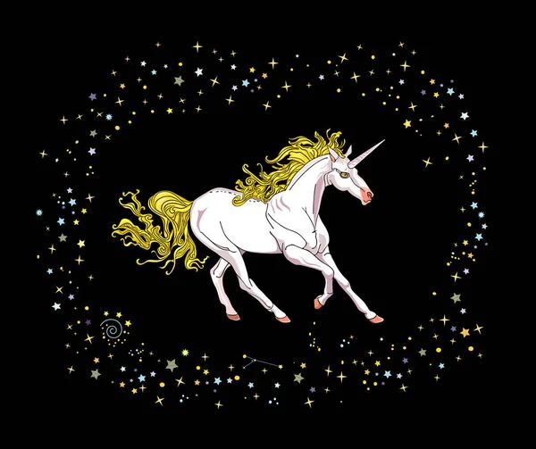 Lindo unicornio salvaje en marco estrellado sobre el fondo negro. Ilustración vectorial — Vector de stock