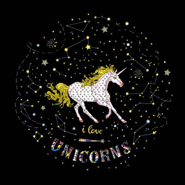 Galaksisi, yıldızları, takımyıldızları olan siyah karenin içindeki kızgın tek boynuzlu at. Vektör illüstrasyonu