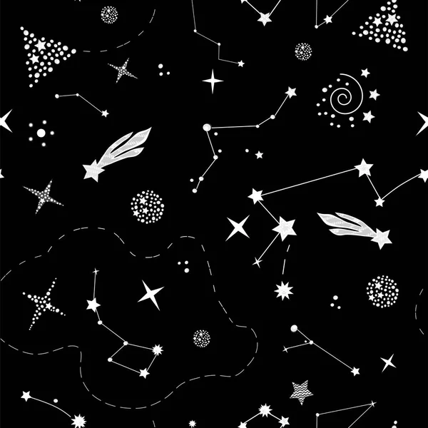 Bellissimo modello cosmico infinito con costellazioni, zodiaci, pianeti, comete su sfondo nero. Illustrazione vettoriale — Vettoriale Stock