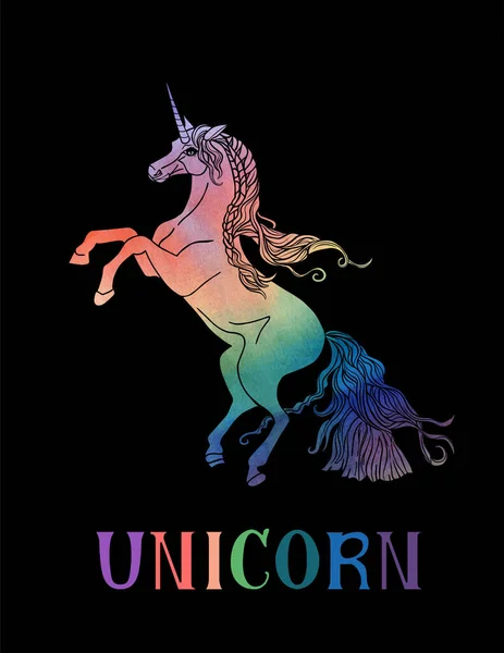 Ilustración vectorial de hermoso unicornio con textura de acuarela vectorial y letras aisladas sobre el fondo negro. — Vector de stock