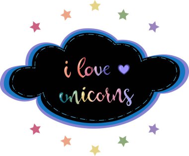 Simge tahtası. Gökkuşağı renginde tek boynuzlu atı severim. Siyah bulutun içinde, beyazda izole edilmiş. Vektör illüstrasyonu