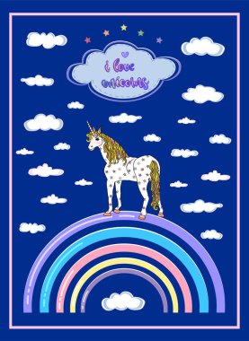 Gökkuşağı, ayakta duran tek boynuzlu at, bulutlar ve mavi arkaplanda harfler. Vektör illüstrasyon