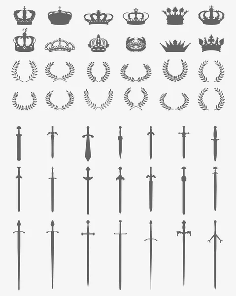 Silhouetten Von Kronen Kränzen Und Schwertern — Stockvektor