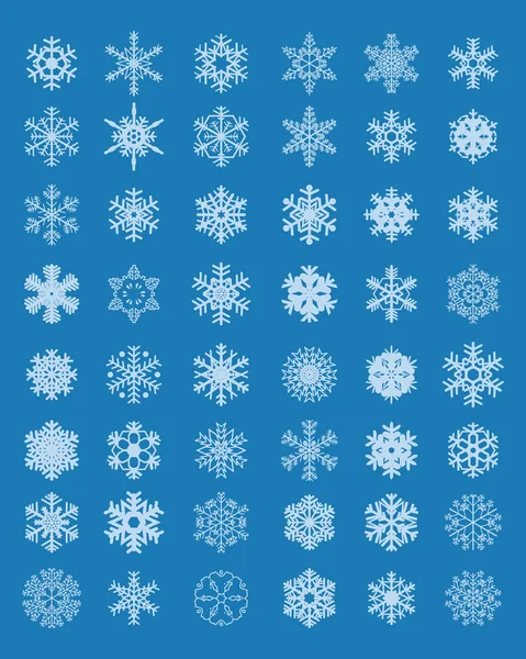 Set Diferentes Copos Nieve Blancos Sobre Fondo Azul — Vector de stock