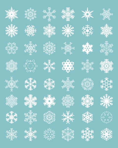 Set Diferentes Copos Nieve Blancos Sobre Fondo Azul — Vector de stock