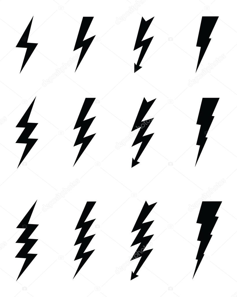 Black icons of thunder on a white background