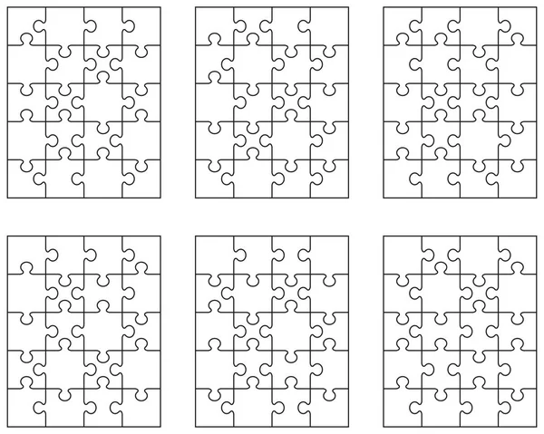 Ilustración Seis Rompecabezas Blancos Diferentes Piezas Separadas — Archivo Imágenes Vectoriales