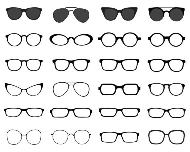 Beyaz arka planda farklı gözlüklerden siyah siluetler.