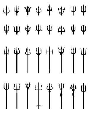 Üç çatallı mızrak seti, beyaz arka planda siyah siluetler.