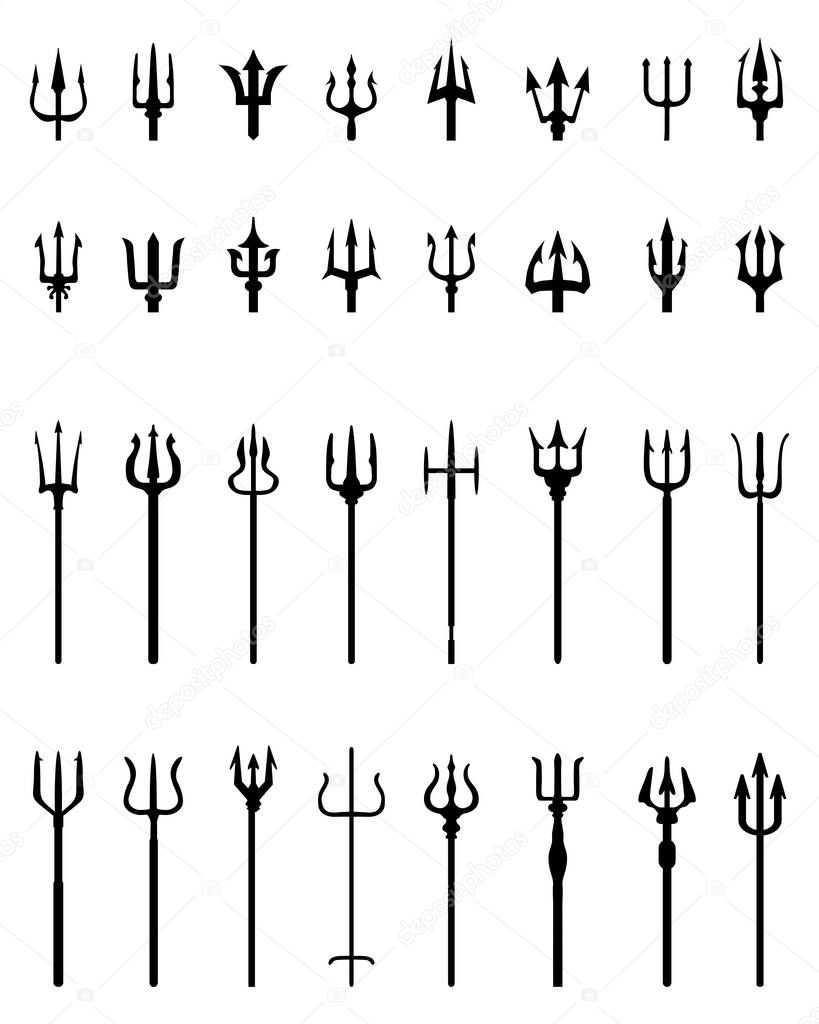 Set of tridents, black silhouettes on a white background