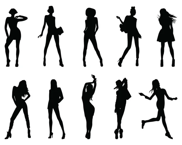 Ensemble Silhouette Filles Mode Sur Fond Blanc — Image vectorielle