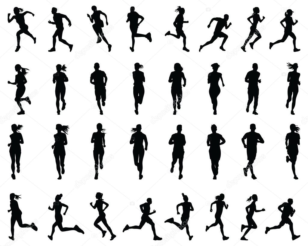 Silhouettes of running on a white background