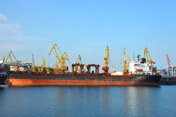 Bulk Vrachtschip Onder Poort Kraan Brug Odessa Oekraïne — Stockfoto