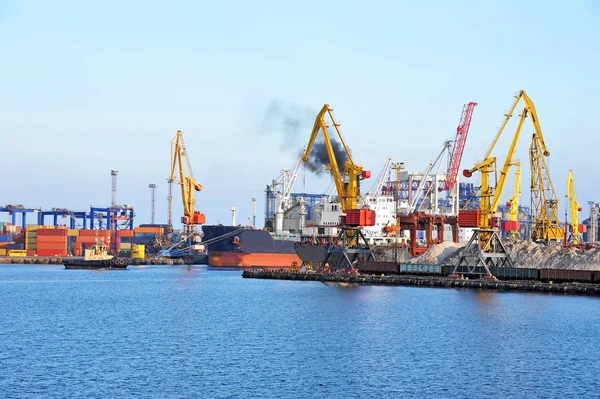 Bulk Vrachtschip Onder Poort Kraan Brug Odessa Oekraïne — Stockfoto