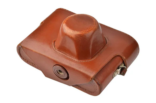 Vintage leather camera case, isolated on white background