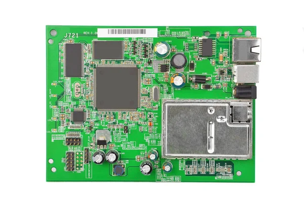 Green Printed Modem Motherboard Microcircuit White — Stock Photo, Image