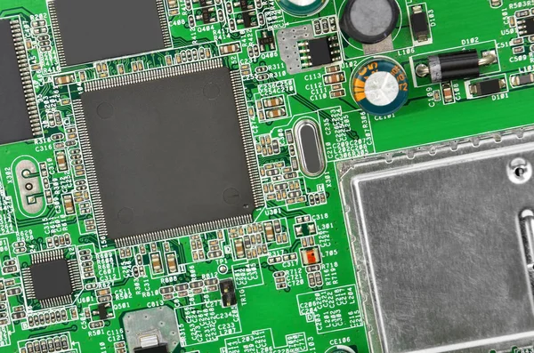 Groene Afgedrukt Modem Moederbord Met Microcircuit Close — Stockfoto