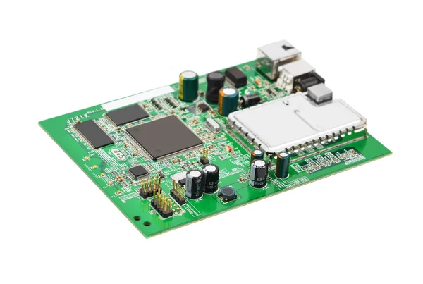 Carte Mère Modem Imprimée Verte Avec Microcircuit Sur Blanc — Photo