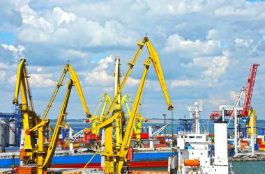 Toplu kargo gemisi liman vinç köprü altında