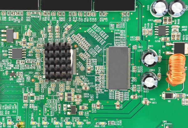 Placa Madre Módem Impreso Verde Con Microcircuito Primer Plano — Foto de Stock