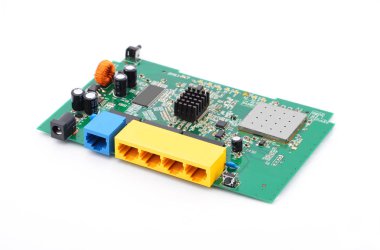 Green printed router motherboard with microcircuit on white clipart