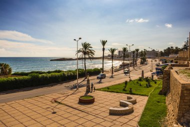 Modern Araçlar görkemli deniz kenarında saphalt yolda muhteşem kıyı kenti güneşli günde sürme