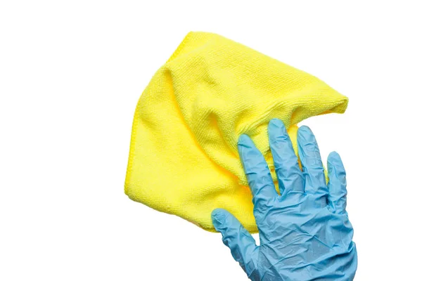 Een Blauwe Handschoen Met Een Gele Doek Schoonmaken Hand — Stockfoto