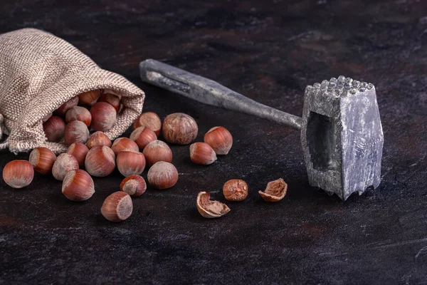 Lískové Ořechy Tašce Kladivo Tmavém Pozadí — Stock fotografie