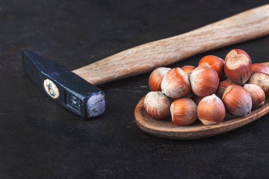 Tahta kaşıkta çekiç ve fındık