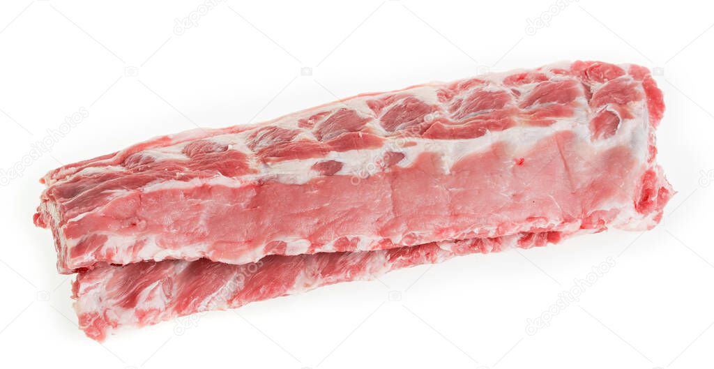 Two raw pork ribs on a white background, isolate.
