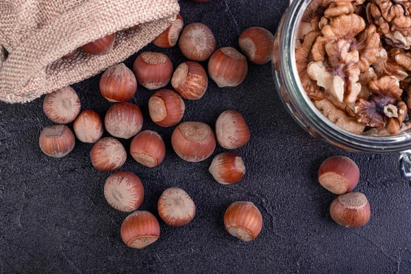 Avellanas Una Bolsa Nuez Frasco — Foto de Stock