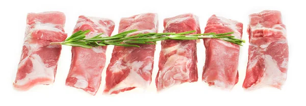 Sliced Raw Pork Ribs Rosemary White Plate Isolate — Stock Photo, Image