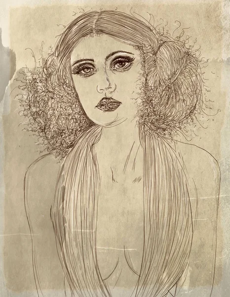 화장품과 배너를 두꺼운 머리를 여자의 초상화 — 스톡 사진