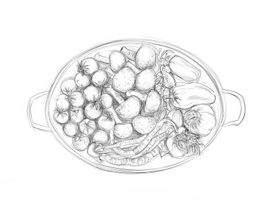 bir tavada sarımsak ve mantarlı, antik gıda ve ev ve mutfak ile ilgili nesneleri