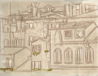 evler tatil manzara ile antika arka plan, sanatsal kartpostallar hill sette bir grup