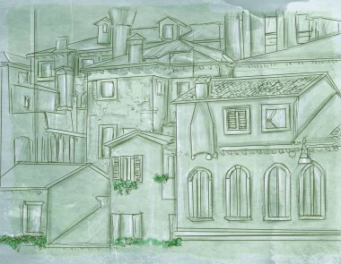 evler tatil manzara ile antika arka plan, sanatsal kartpostallar hill sette bir grup