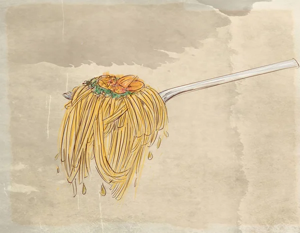 spaghetti of food and objects related to the house and to the kitchen