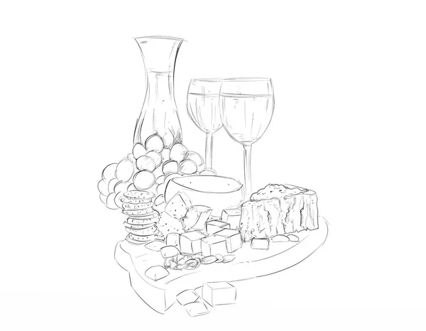 葡萄酒与奶酪和葡萄的食物和对象有关的房子和厨房 — 图库照片