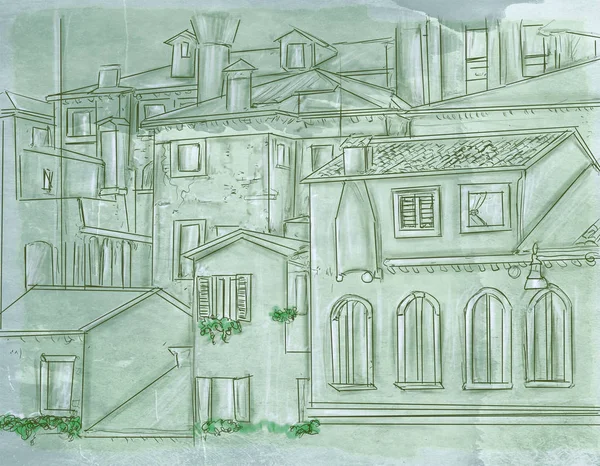 evler tatil manzara ile antika arka plan, sanatsal kartpostallar hill sette bir grup