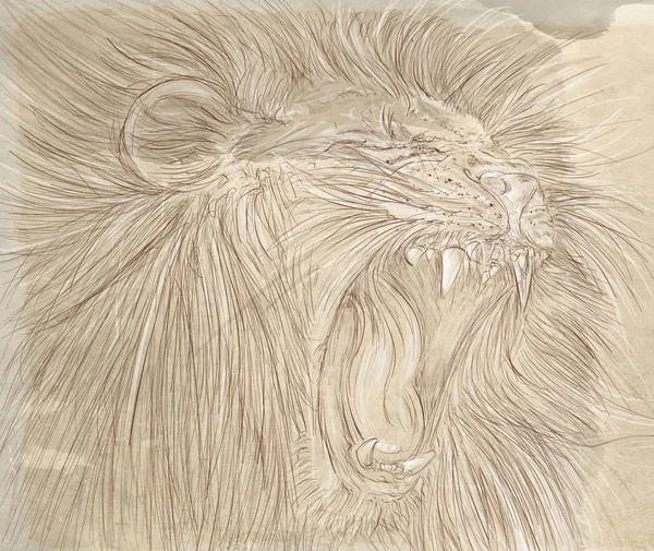 用复古的背景咆哮着逼真动物的狮子 — 图库照片