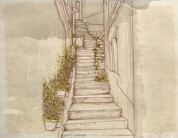 Bir Merdiven Köyü Lane Vintage Arka Plan Sanatsal Kartpostallar Ile — Stok fotoğraf
