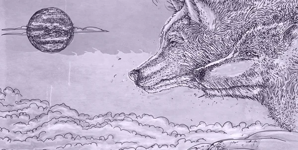 Два Волка Воют Луну Реалистичные Животные Винтажным Фоном Баннер — стоковое фото