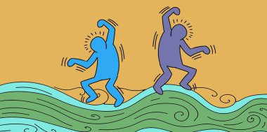 küçük adam nesneleri ile stilize, pop art tarzı afiş renkli çizimler