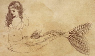 Uzun saçlı deniz kızı kendi tarafına eğiliyor ve izleyiciye bakıyor. Uzun saçlı deniz kızı, yana doğru eğiliyor ve izleyiciye bakıyor..