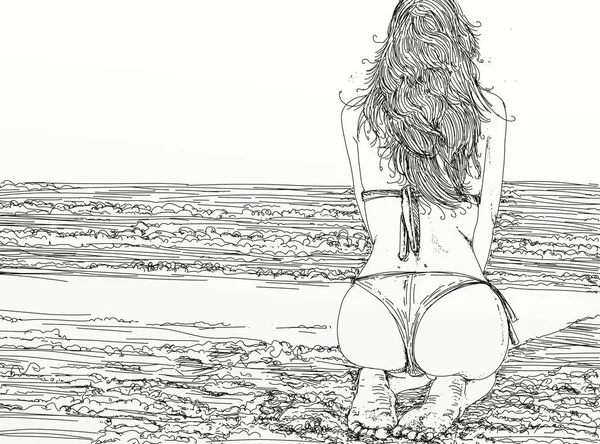 ビーチでのビキニで手描きの女性 アート — ストック写真