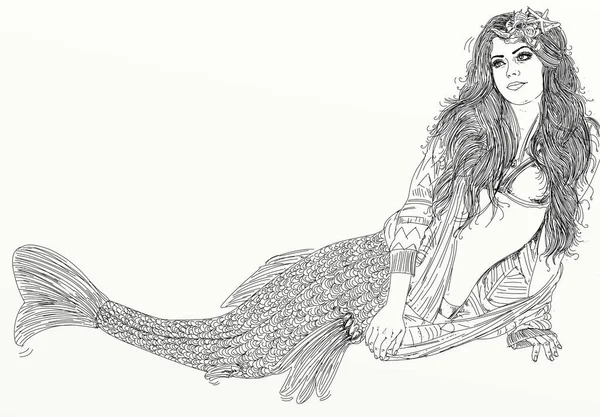 Long-haired mermaid leaning to her side and facing the viewer. long-haired mermaid leaning to her side and facing the viewer.