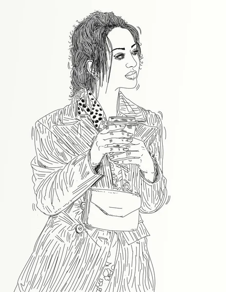 An illustration of a woman with long curly hair drinking from a cup.