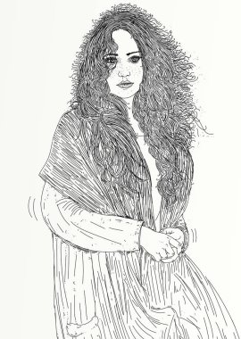 Patlama ile düz saçlı dolgun, kalın ciddi bir kadın closeup içinde kroki çizimi.